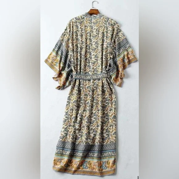 WORLD MARKET Floral Kimono with Blue and Tan Accents - Picture 8 of 17